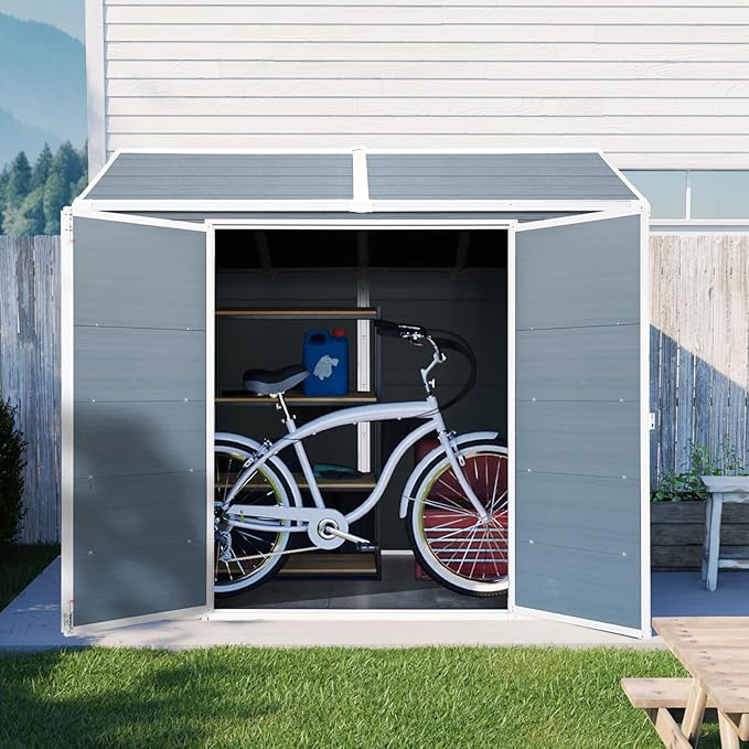 8x6 FT Resin Outdoor Storage Shed with Floor, Windows & Lockable Doors Waterproof All-Weather Garden Shed for Backyard, Patio, and Lawn Equipment Storage, Light Grey