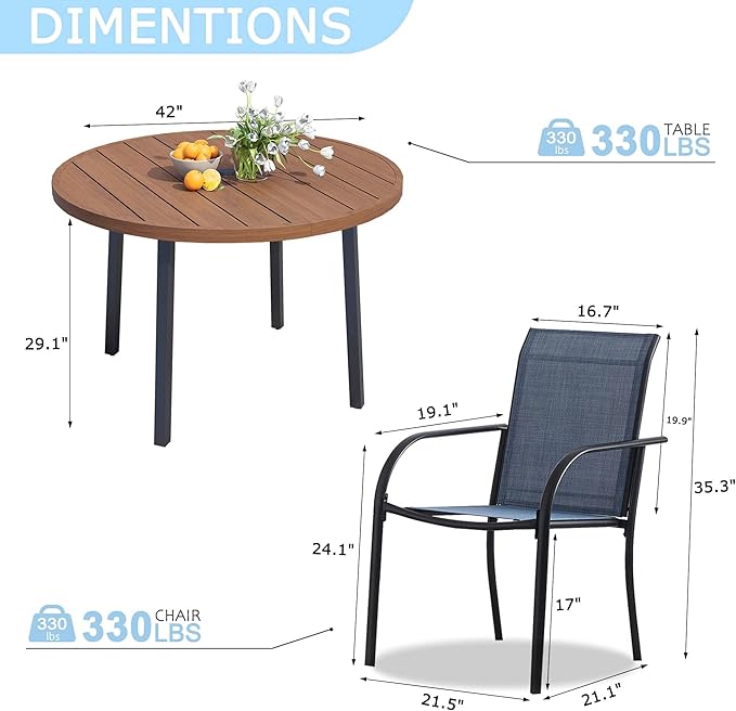 5 Pieces Round Dining Table Set for 4, Patio Dining Set Includes 4 Dark Blue Stackable Patio Chairs and 1 Walnut Round Table, Patio Furniture Sets with Sling Support for Outside, Garden