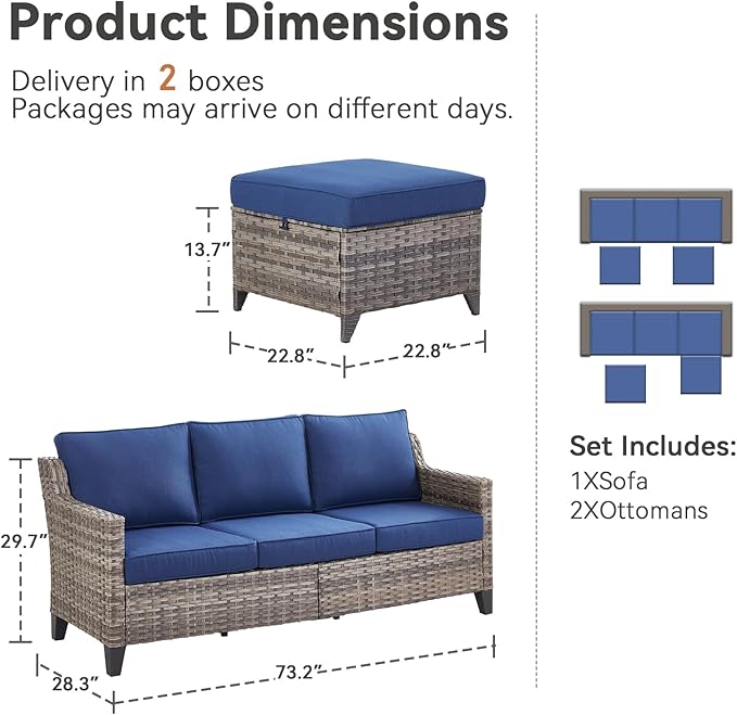 Patio Bistro Set, 3 Piece Outdoor Patio Furniture with 3-Seat Patio Wicker Sofa, Ottomans and Comfy Cushions, Rattan Wicker Conversation Set with High Back, Conversation Sets for Patio