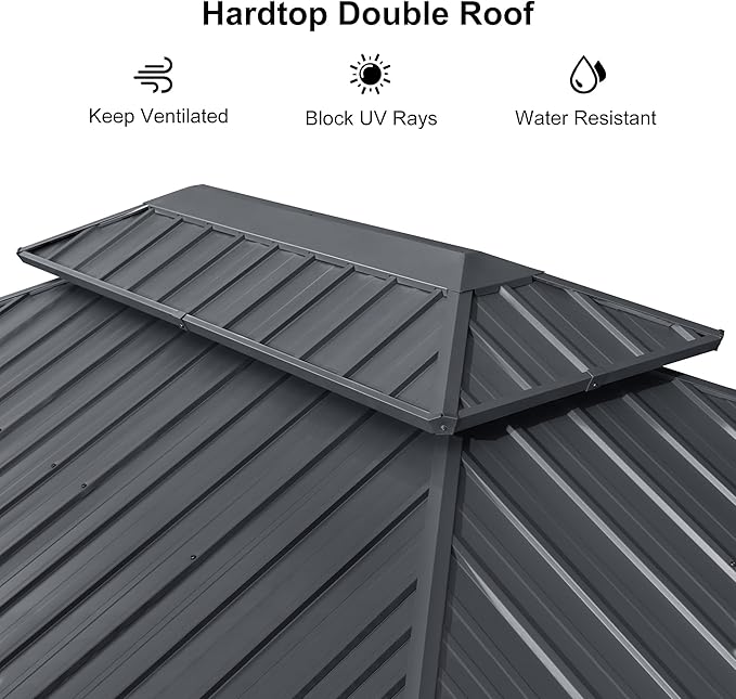 PURPLE LEAF 12'x20' Hardtop Gazebo with Lights Outdoor Pavilion Waterproof Double Roof Galvanized Steel for Patio and Garden Includes Netting and Curtains Grey