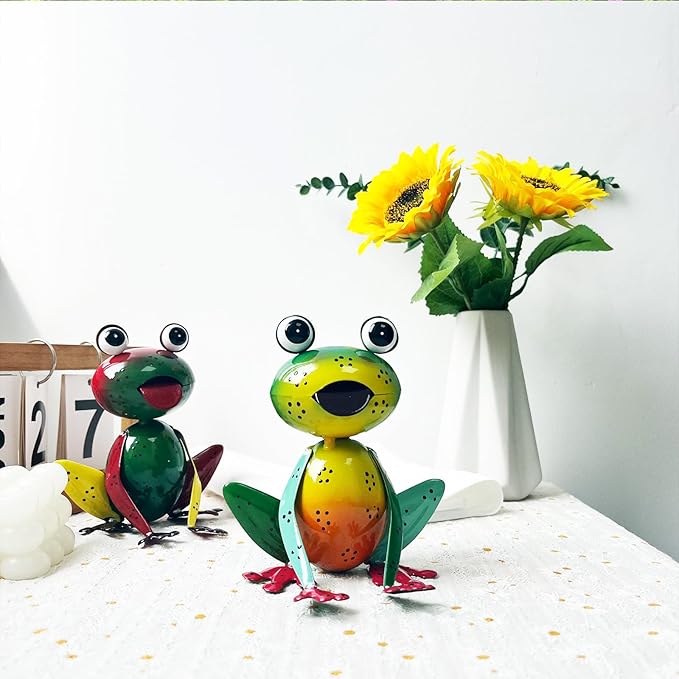 Metal Garden Decor Yard Art for Outside Set of 2 Cute Small Frogs Lawn Patio Ornaments Backyard Decorations Garden Gifts for Mom - (Yellow,Green)