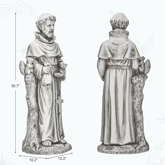 St Francis Garden Statue, Catholic Religious Outdoor Sculpture for Prayer and Meditation, 30.7” Large Patron Saint of Animals Patio Decor in Durable Magnesium Oxide Stone,Gray