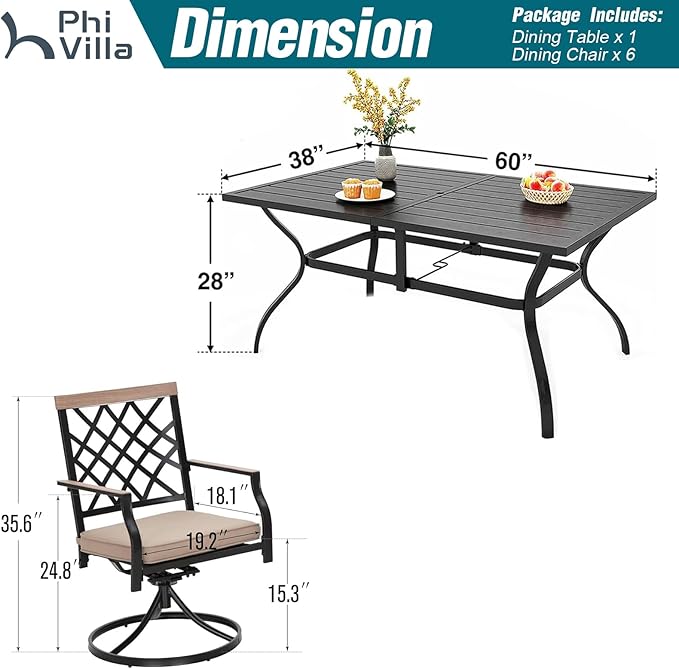 PHI VILLA Patio Dining Set of 7, 60" x 37" Metal Steel Outoor Dining Umbrella Table, 6 Swivel Chairs with Custion Patio Table Chair Set for Outdoor Garden Lawn Pool
