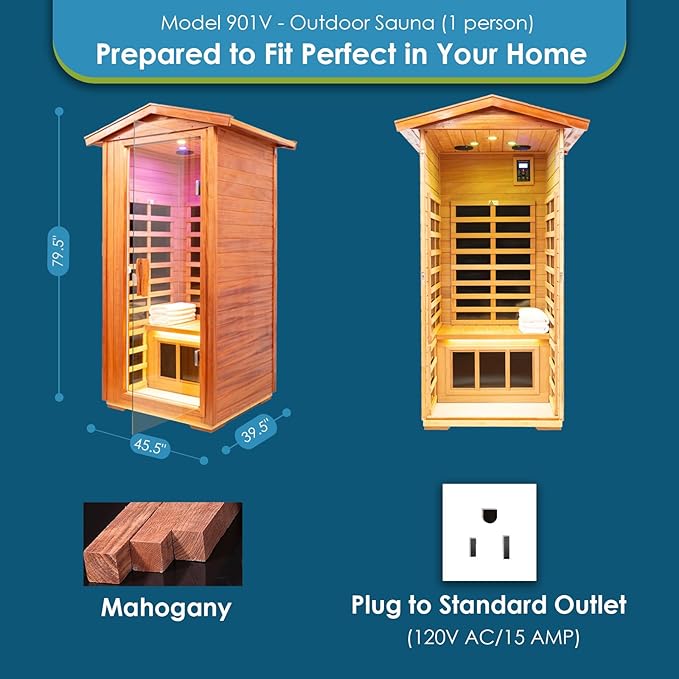 Saunas 901V Far Infrared Sauna, Outdoor Wooden Dry Sauna Low EMF (Outdoor/ 1P /Mahogany)