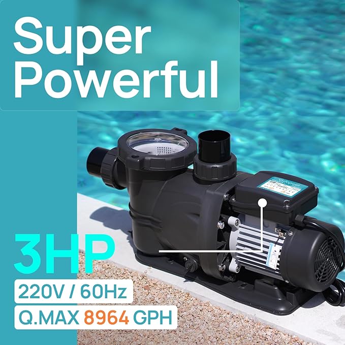In/Above Ground Pool Pump, Self Primming High Flow (with Timer, 3HP, 8964 GPH, 220V)