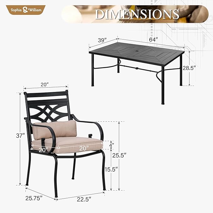Sophia & William Outdoor Patio Dining Set for 6, Outdoor Table and Chairs, Removable Seat Cushions, 6 Patio Dining Chairs, 64" Black Patio Dining Table