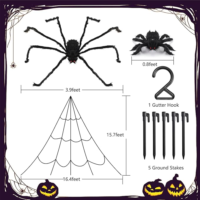 2 Pcs 59" Giant Halloween Spider+11.8" Baby Spider+212" Giant Spider Web, Large Halloween Yard Lawn Holiday Decor