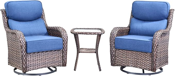 HUMMUH Outdoor Patio Wicker Swivel Rocker Chairs with 6-Inch Thick Cushion High Back 3 PCS Wicker Conversation Set for Porch Balcony Deck