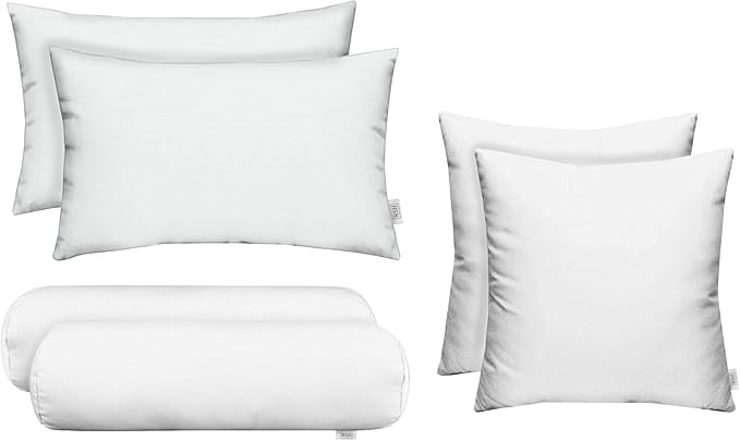 RSH DECOR: 6-Pack Pillow Set | All-Weather Spun Fabric | Water & Fade-Resistant | 17" Square, 20" x 12" Lumbar, 20" x 6" Neck Roll | Outdoor Pillows for Patio Furniture | White