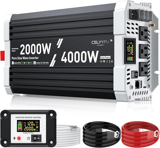 2000 watt Pure sine Wave Inverter, 12V DC to 110V AC Power Inverter, Used for Solar Emergency Power Supply in RV Homes, with 3 AC Output sockets, USB Port, Type-C Port, Remote Control with LCD Screen