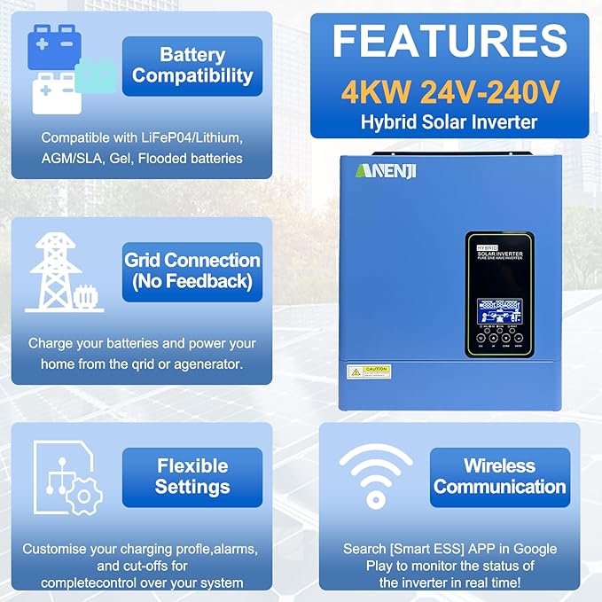 3000W Hybrid Solar Inverter 24V DC to 110V AC, Pure Sine Wave, Built-in 100A MPPT Controller, 98% Efficiency, Solar & Generator Input, Dustproof, for Home Backup RV Off-Grid