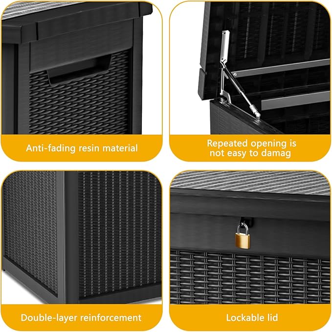 320 Gallon Deck Box, Resin Outdoor Indoor Waterproof Storage Box, Lockable Storage Box With Handle for Patio Furniture - Garden Tools - Swimming Pool Tools UV-Resistant - Black