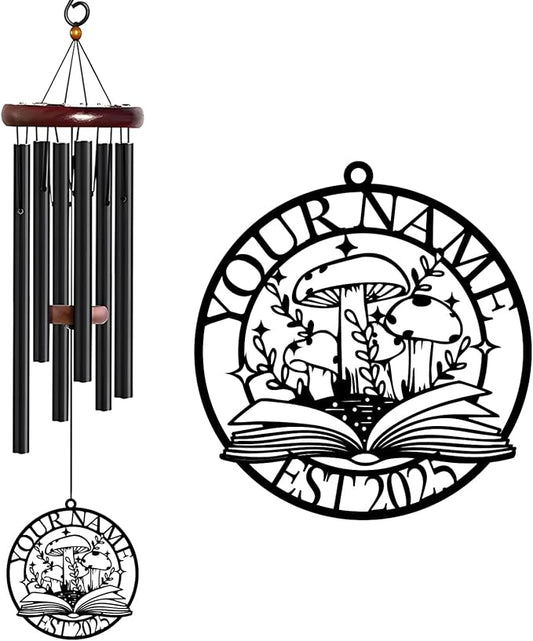 Personalized Customize Name Fantasy Mushroom Wonderland Wind Chime, Metal Iron 37 Inch Outdoor Memorial Gift for Garden Yard Patio Home Decor, Black (Style C)