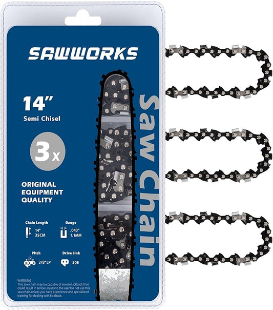 3-Pack 14 Inch Chainsaw Chain, 3/8" LP Pitch .043" Gauge 50 Drive Links for 61PMM3-50 STIHL MS170, MS180C, MS193T, MS194T, 36100050050, Oregon R50 and More