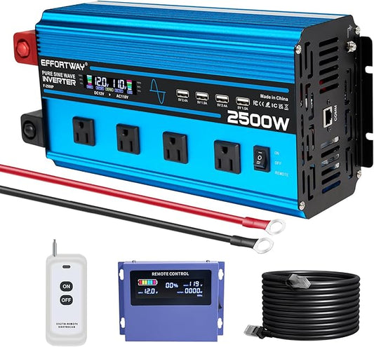2500w Pure sine Wave Inverter DC 12V to AC 110V/120V Converter, 5000w (Peak) with LCD Display, Wireless/Wired Remote Control, 4AC outlets and 4USB.Ideal for Camping, RV Travel, Off-Grid Solar Systems