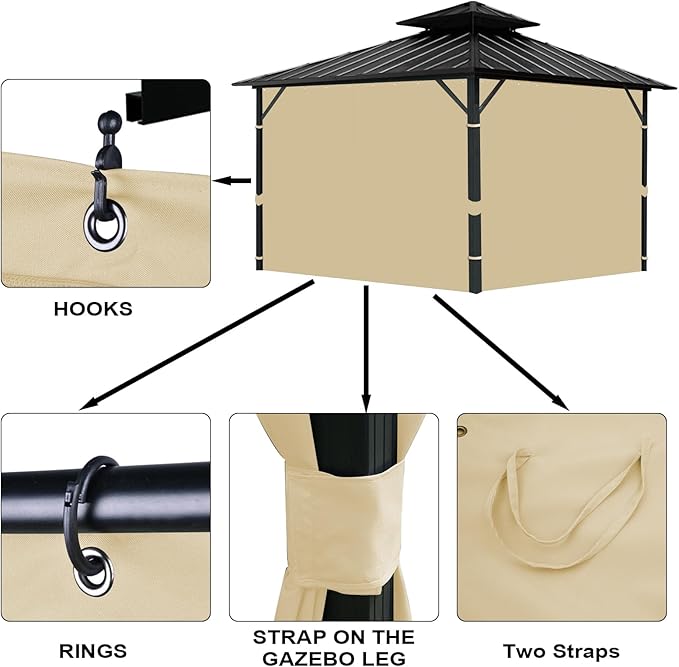 Gazebo Universal Replacement Privacy Curtain, 10'X12' Gazebo Curtains Outdoor Waterproof, 4-Panels Sidewall with Zipper for Patio, Garden and Backyard (Only Curtains, 10'X12', Khaki)