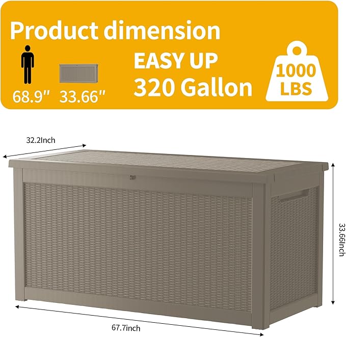 320 Gallon Deck Box, Resin Outdoor Indoor Waterproof Storage Box, Lockable Storage Box With Handle for Patio Furniture - Garden Tools - Swimming Pool Tools UV-Resistant (Grey 320 Gallon)