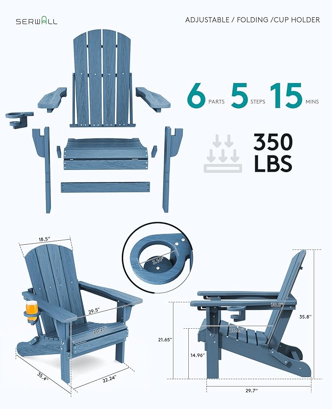 SERWALL Folding Adirondack Chair Set of 2, Adjustable Adirondack Chair with 3 Recline Positions, All Weather HDPE Outdoor Adirondack with Cup Holders, Blue