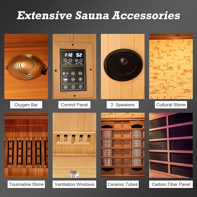 Infrared Sauna Room with WiFi Control, 2 Person Canadian Cedar Wood Indoor Saunas Spa with Red Light Therapy, Oxygen Bar, Speaker, Backrest, 1800W/220V, Ideal Sauna for Gym, Home