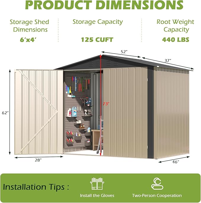 Outdoor Metal Shed,6×4 FT Metal Shed with Peaked Roof and Lockable Double Doors,Waterproof Outdoor Tool Storage Clearance for Backyard,Garden,Brown