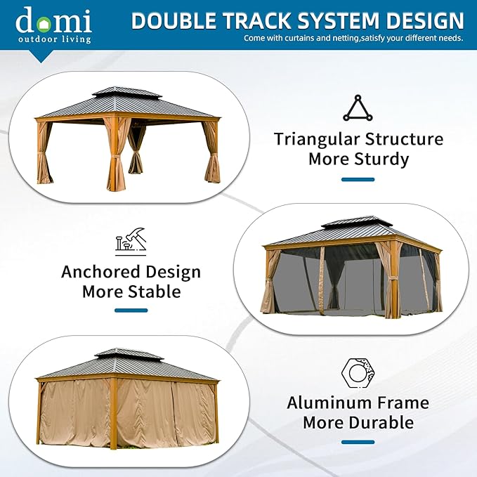 Domi Outdoor Living 12’x14’ Hardtop Gazebo, Wooden Coated Aluminum Frame Canopy with Galvanized Steel Double Roof, Outdoor Permanent Metal Pavilion with Curtains and Netting for Patio, Deck and Lawn