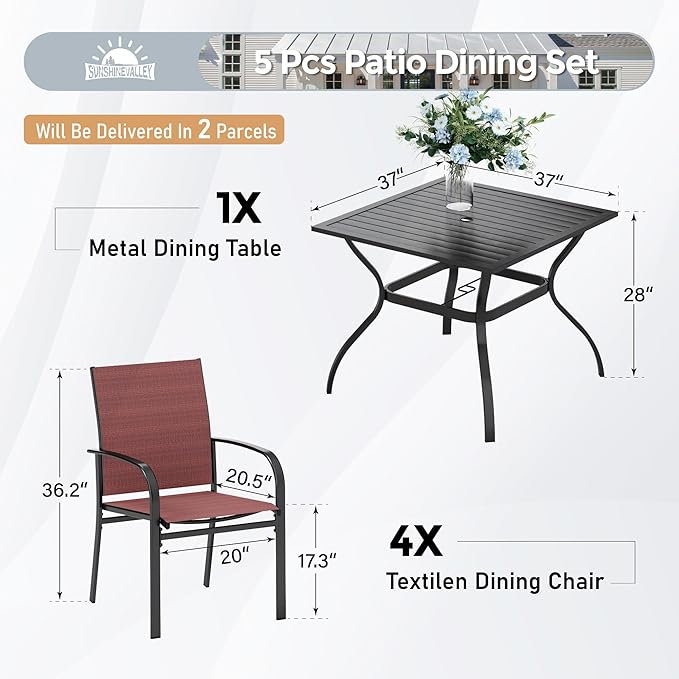5 Piece Patio Dining Set for 4, 37”Square Table with Umbrella Hole, 4 x Metal Red Chairs, Outdoor Table and Chairs for Lawn and Deck
