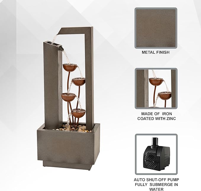 XBrand Metal Sculptural Multi-Tiered Flower Water Fountain, No LED Lights, Gray and Bronze, 38" Tall