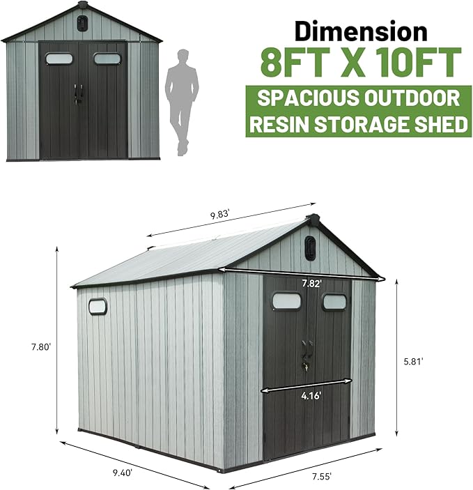 8X10FT Outdoor Resin Storage Shed, Waterproof Plastic Garden Shed with Lockable Door, Windows & Vents, Outside Storage Tool Shed for Patio Furniture, Lawn Mower, Bike