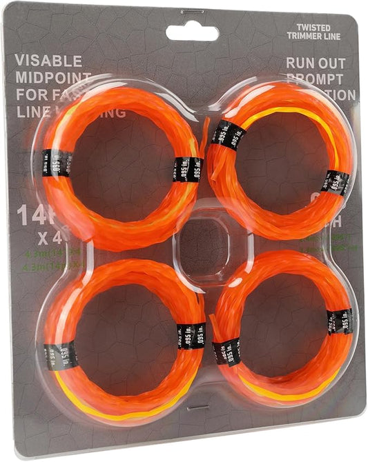 4 Pack String Trimmer Line Compatible with Ego String Trimmer 0.095" 56FT Weed Eater String Pre-Cut Dual Color Fast-Positioning Triangular Twisted Trimmer Line Universal Fit Weed Wacker String