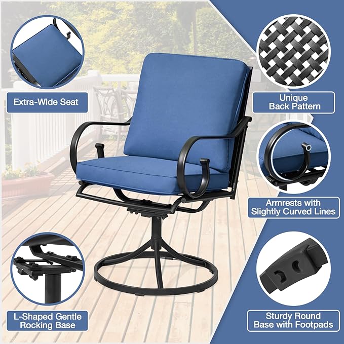 MELLCOM Patio Swivel Chair Set of 6, Heavy Duty Outdoor Dining Chairs with Thickened Cushions, Metal Patio Chairs Gentle Rocker for Outside, Blue