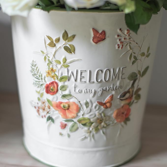 Vintage Welcome to My Garden Metal Planter Bucket with Wooden Handle, Rustic Farmhouse Flower Pot, Decorative Indoor Outdoor Gardening Container for Succulents, Herbs, Home Decor