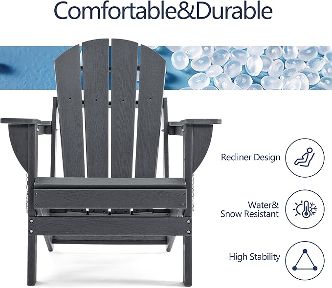 Folding Adirondack Chair, HDPE Outdoor Texture Lawn Chair with Reclining Back, Cup and Phone Holder - Comfortable Firepit Chair Weather Resistant for Patio or Backyard (Grey, Set of 4)