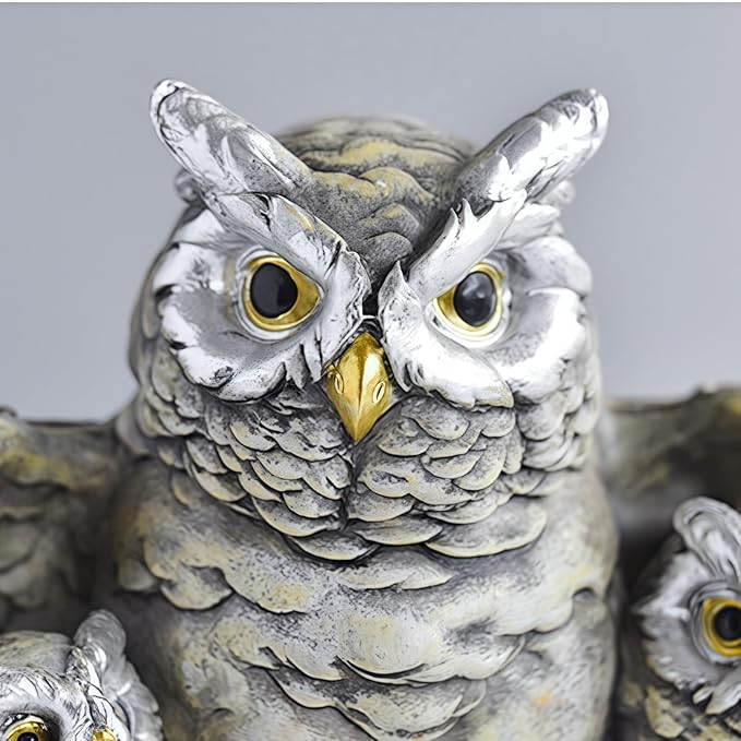 Resin Owl Statue with Spread Wings - Outdoor Garden, Patio, Office Decor Figurine: Family Parent & Two Baby Owls on Base (Grey-Black)