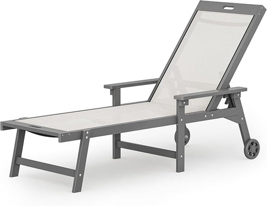 LUE BONA Chaise Lounge Chair Outdoor, HDPS and HDPE Wicker Chaise Lounger with 5 Positions, Pool Lounge Chairs with Wheels and Adjustable Backrest for Patio, Poolside, Deck, Backyard
