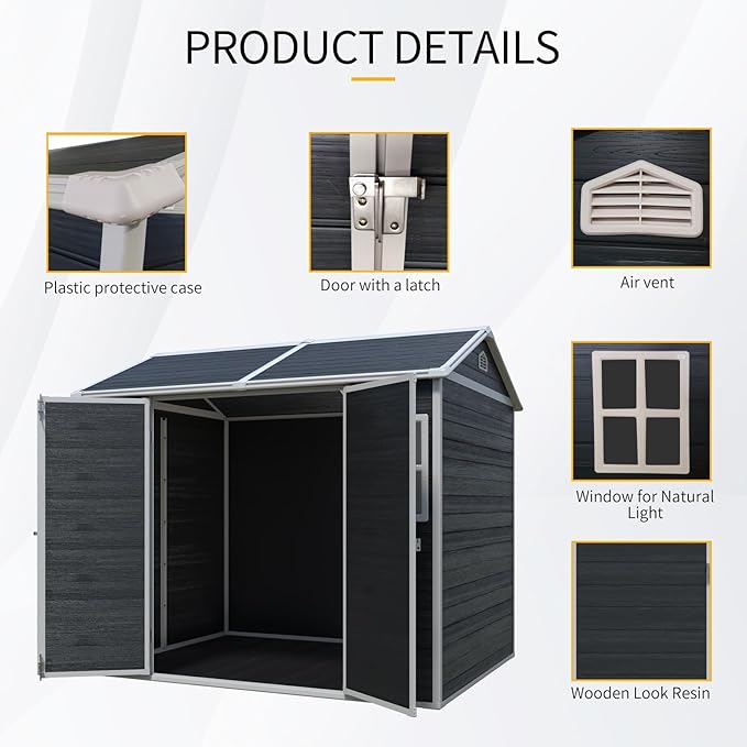 8x6 FT Resin Storage Sheds Outdoor with Floor, 2 Windows & Lockable Door Storage Shed - Waterproof Garden Tool Shed, Patio & Backyard Tool Storage Cabinet Use - Black