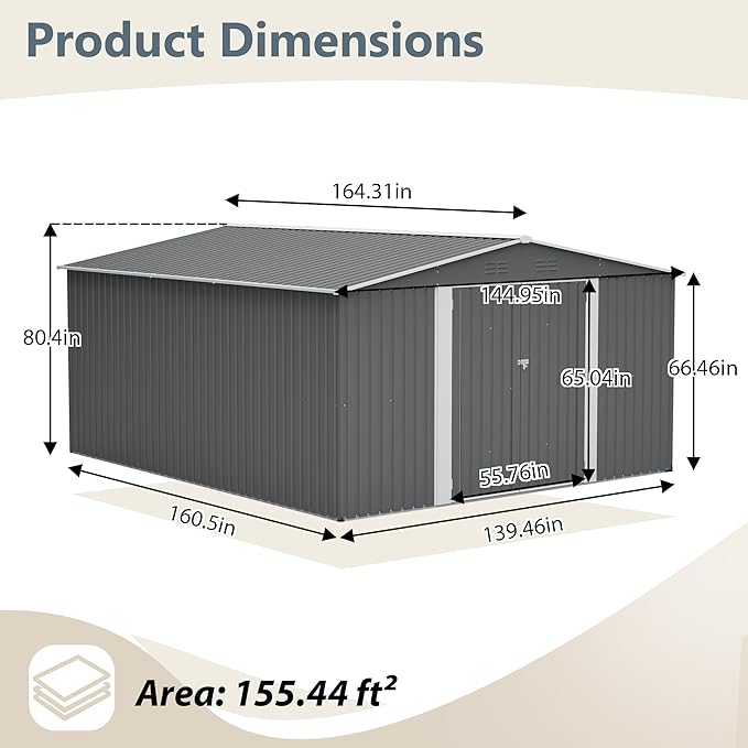 12x14 FT Shed Outdoor Storage Metal Large Garden Tool Sheds with Lockable Doors Floor Frame Gable Roof Waterproof Steel Utility Equipment Sheds for Backyard Patio Lawn Poolside, Black