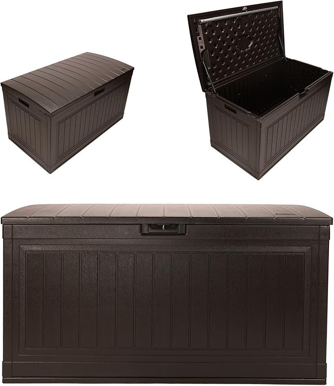 Suncast 80-Gal. Waterproof Resin Large Outdoor Patio Deck Box with Pad-Lockable Lid, Modern Outdoor Patio Bench/Storage Box for Cushions, Garden Tools, and More, Java