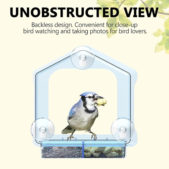 LUJII Blue Window Bird Feeder for Outside, All One Piece Design Non-breakable, Accommodates Large Birds Like Cardinals or Blue Birds, Lift-up Tray for Easy Cleaning & Refilling
