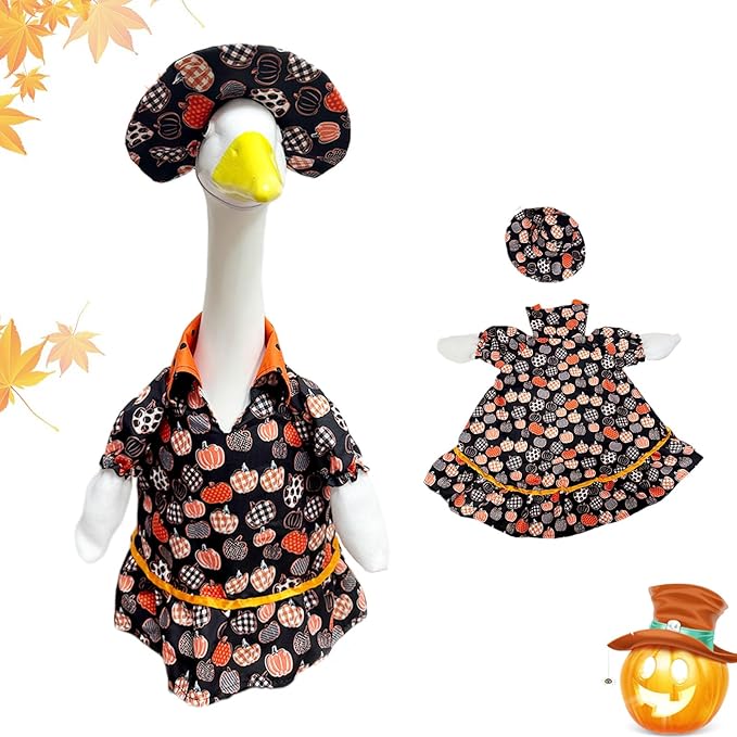 Halloween Porch Goose Outfit Set for 23'' Plastic Statue Lawn Porch Goose Clothes with Fall Pumpkin Skirt Hat Costume for Indoor Outdoor Patio Yard Lawn Art Decor
