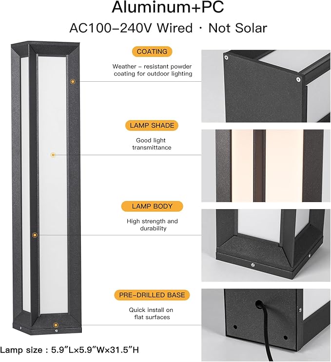 Outdoor Pathway Lights, 31.5" Landscape Path Light Wired, High Voltage Modern Bollard Lighting Fixture, Waterproof Driveway Floor Lamp Patio Lawn Walkway LED Lantern for Yard Backyard Pool Garden