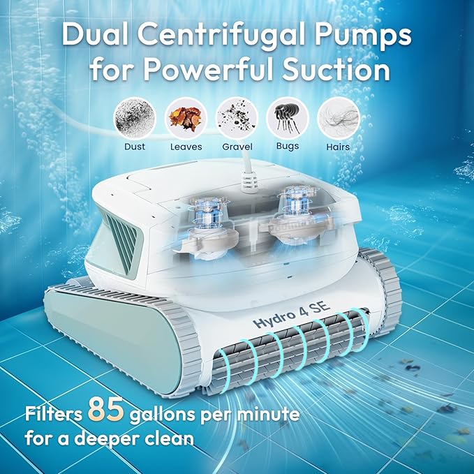 Hydro 4SE Robotic Pool Cleaner, Wired Automatic Vacuum with Wall & Waterline Cleaning, Oversized Top-Loading Filter, Dual Inlet System, Works for Inground/Above-Ground Pools Up to 40FT