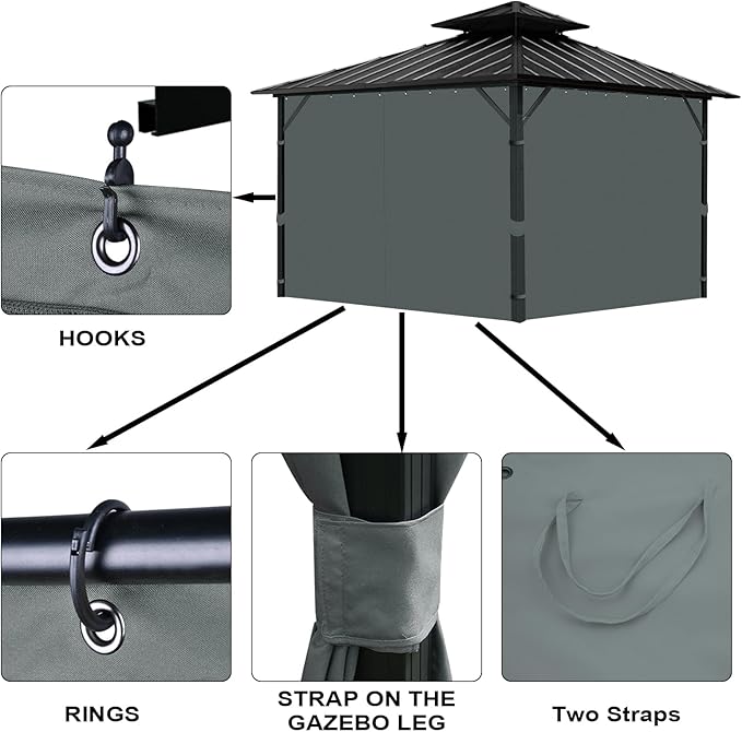 Gazebo Universal Replacement Privacy Curtain, 12'X12' Gazebo Curtains Outdoor Waterproof, 4-Panels Sidewall with Zipper for Patio, Garden and Backyard (Only Curtains, 12'X12', Grey)