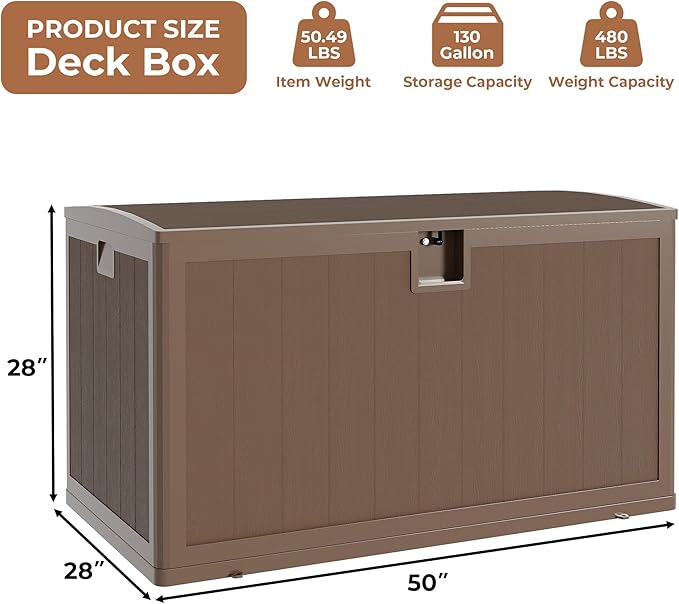 130 Gallon Outdoor Storage Box, Lockable Resin Deck Box Indoor and Outdoor Use, Waterproof Patio Deck Storage Box For Package Delivery, Furniture Cushions, Garden Tools, Pool Accessories