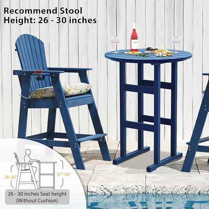 Sundale Outdoor Adirondack Round Bar Table, 39 Inch Height Patio Large Pub Table for 4, All Weather HDPE High Top Bistro Counter Table for Outside Deck Porch Balcony Poolside, Navy Blue