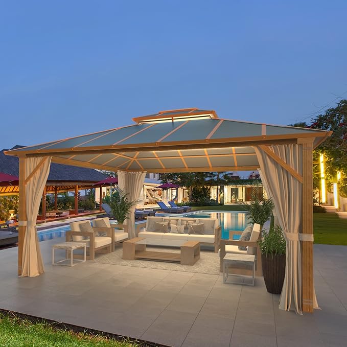 12'x14' Gazebo, YOLENY Outdoor Wood Grain Hardtop Gazebos on Clearance, Aluminum Composite Double Roof with Privacy Curtain and Mosquito Net for Patio, Lawn, Garden, Deck, Gray
