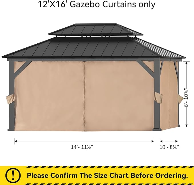 Gazebo Curtain Replacement Universal 4-Panel Sidewalls 12' x 16', Outdoor Gazebo Privacy Curtains with Zipper, Replacement for Outdoor, Patio Canopy, Garden and Backyard (Curtain Only)