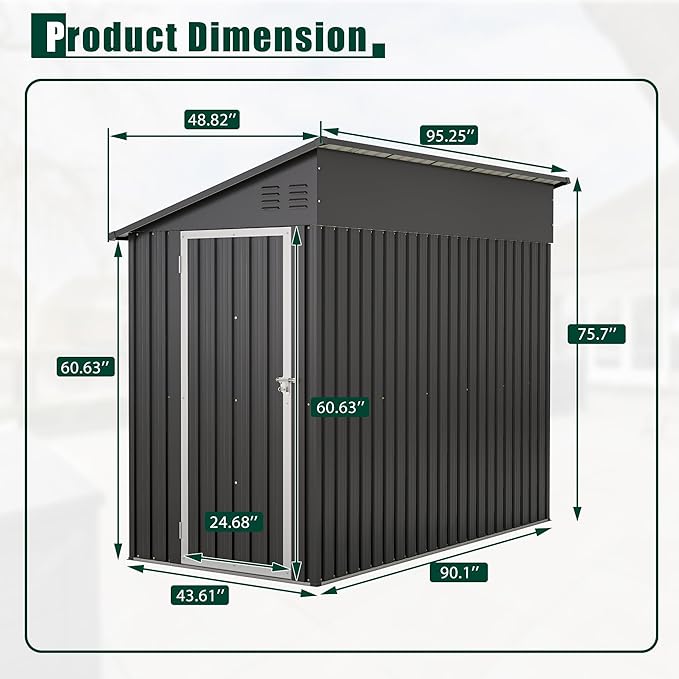 4×8 FT Lean to Metal Shed,Outdoor Heavy-Duty Storage Shed with Floor Base,All Weather Waterproof Garden Tool House W/Lockable Door&2 Air Vent,Reversible Door Design,for Backyard,Patio,Lawn,Black