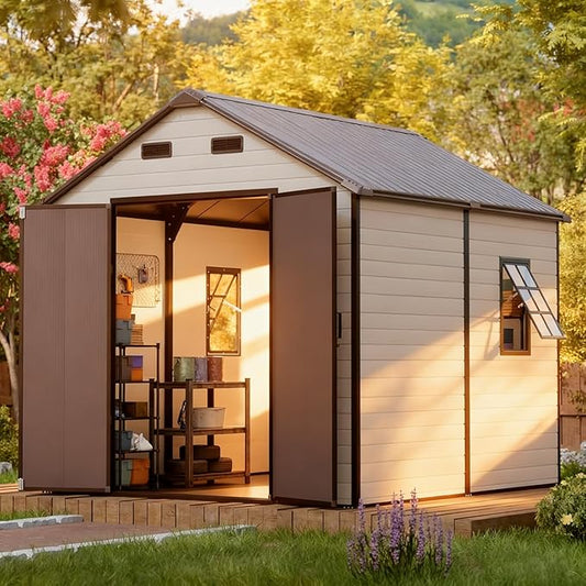 CDCASA 8x8 FT Resin Storage Shed with Floor Included, Large Waterproof Outside Plastic Storage Sheds with Base, 2 Adjustable Openable Windows,for Backyard Patio Lawn, Brown & Light Grey