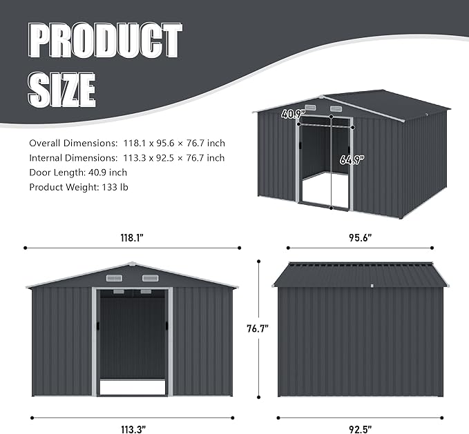 Outdoor Storage Shed 8 x 10 FT Large Metal Tool Sheds, Heavy Duty Storage House with Sliding Doors with Air Vent for Backyard Patio Lawn to Store Bikes, Tools, Lawnmowers Grey