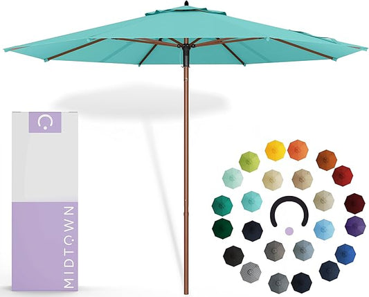 Midtown Umbrellas The Wooden 9 Feet Patio Umbrella With Sunbrella Aruba Acrylic Fabric - Aluminum Frame Market Umbrella For Backyard, Deck, Garden, Pool - Wooden Pole